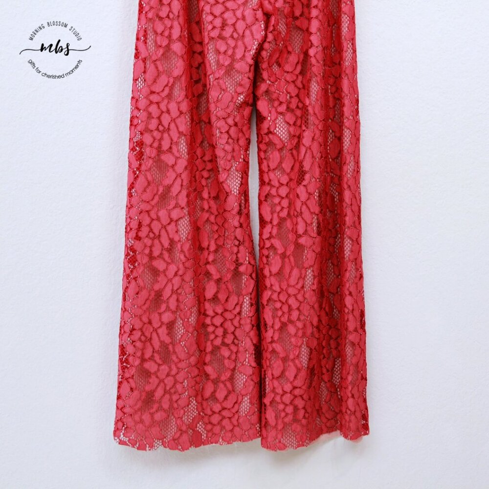 Alexis Lace Short Sleeve Cutout Lined Wide Leg Jumpsuit Raw Hems Pink Women XS - Picture 7 of 13